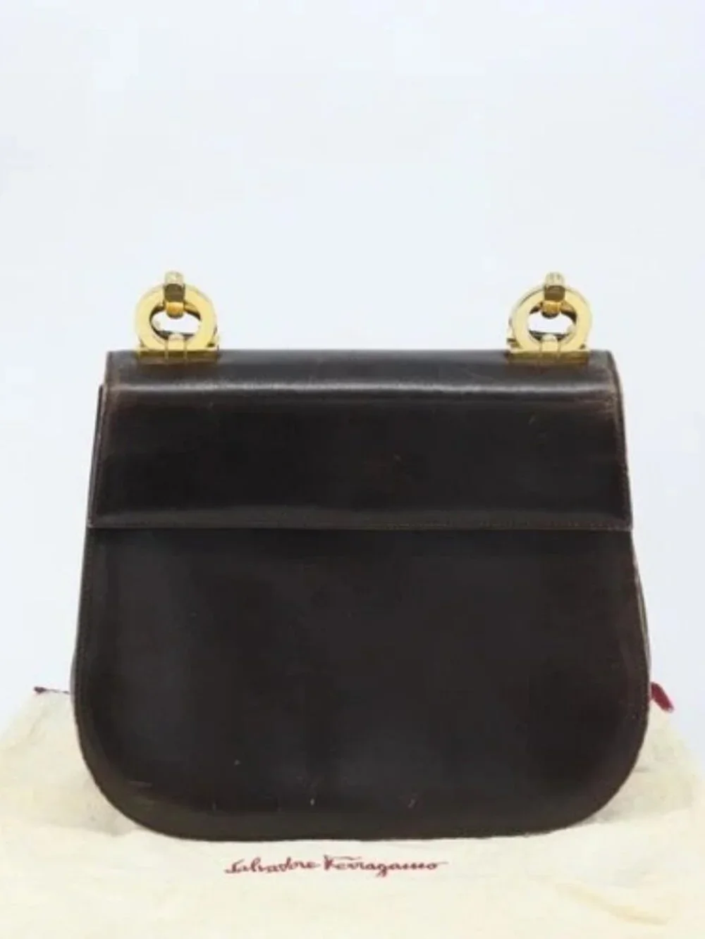 Salvatore Ferragamo Gancini Shoulder Bag Leather Dark Brown Gold Auth LNZ544